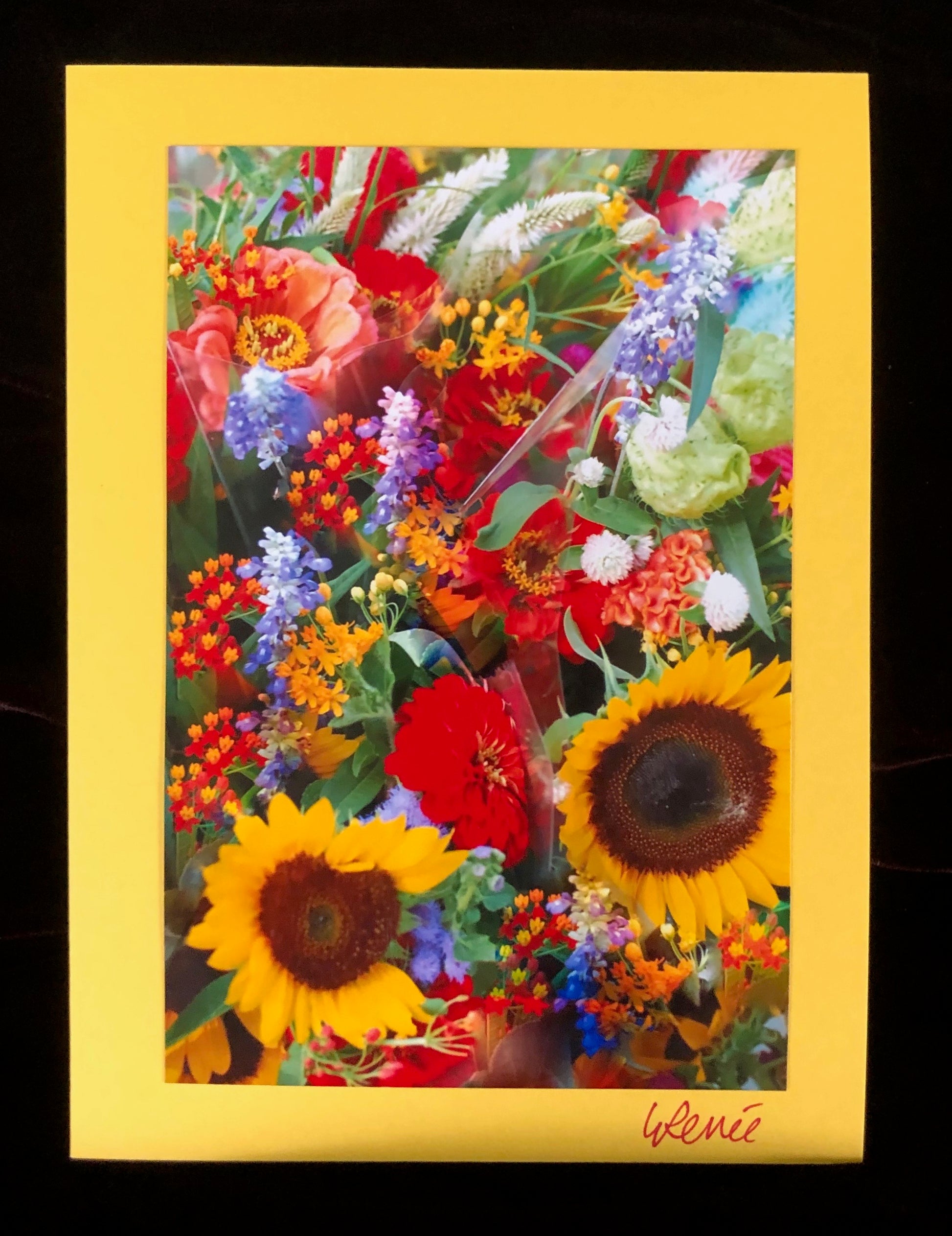 Colorful fall bouquet of sunflowers, red zinnias, white clover at Farmers Market booth.