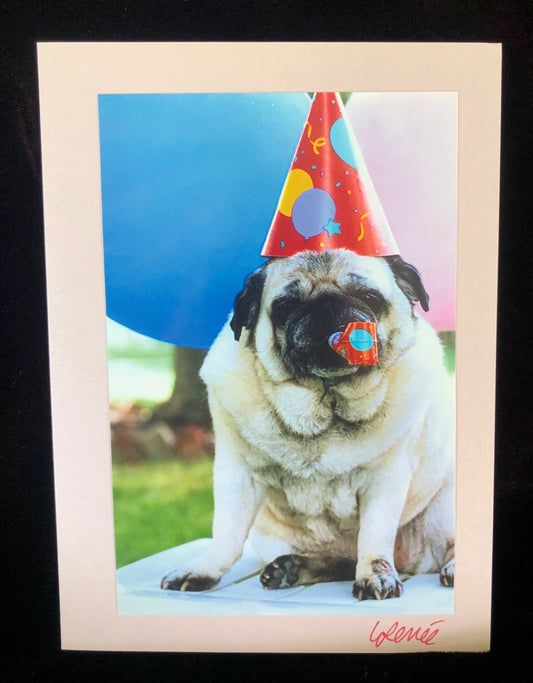 Birthday card featuring Chinese Pug wearing pointed birthday hat with a party blower in mouth.  Balloons in background.